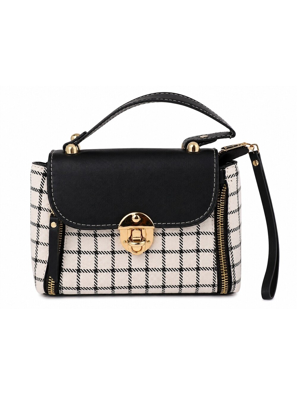 Black White Plaid Structured Shoulder Bag